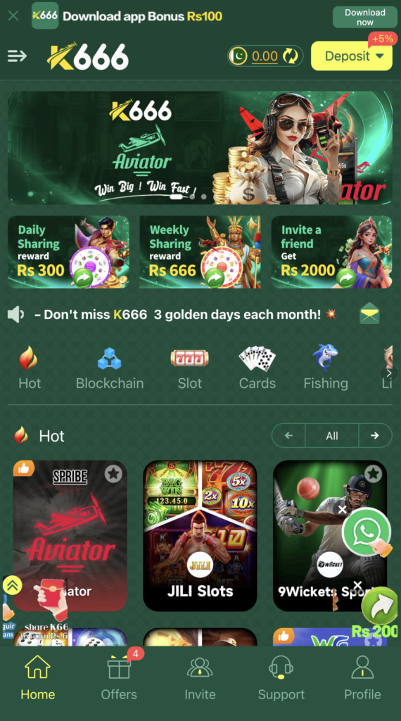 K666 Game APK home dashboard on Android