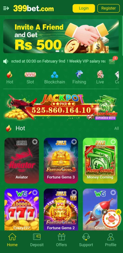 399Bet online gaming app home screen interface