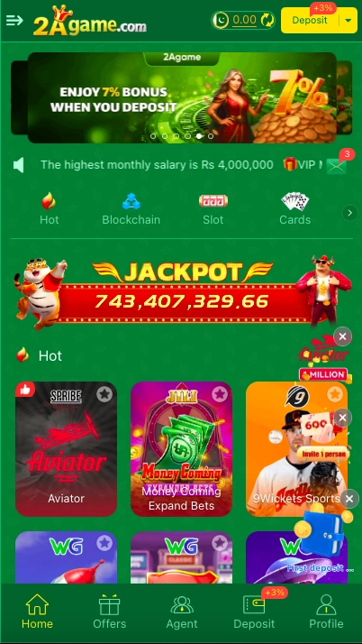 2AGame mobile gaming app interface displayed on Android smartphone with casino games and wallet features.