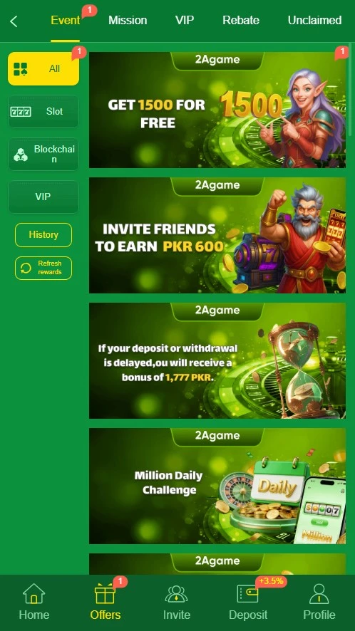 2AGame mobile gaming app interface displayed on Android smartphone with casino games and wallet features.