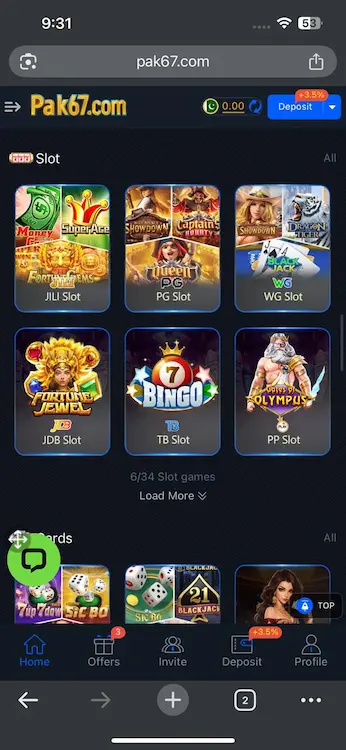 Pak67 Game mobile app interface on Android phone showing casino games, wallet balance, and gaming dashboard.