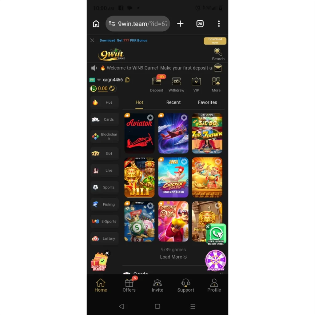 9win.game dashboard showing slot games, spin wheel, and quick withdrawal options on Android.