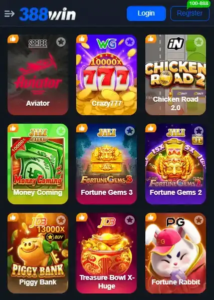 388 Win app interface showing games dashboard, spin wheel, and fast withdrawal options.