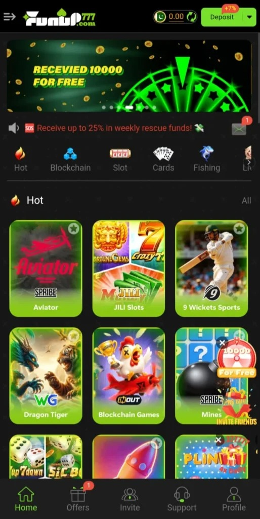 Funup777 game home screen with multiple casino games like aviator, jili slots, and 9 wickets .