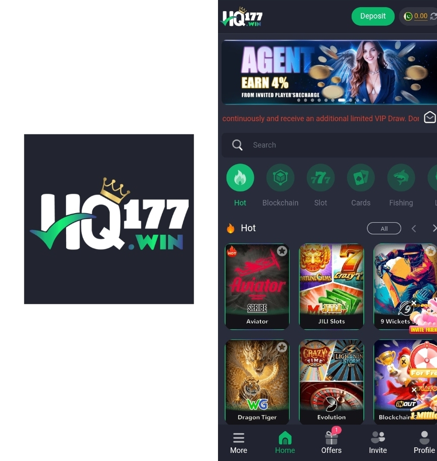 HQ177 Game mobile app interface displayed on Android device showing casino games and wallet features.