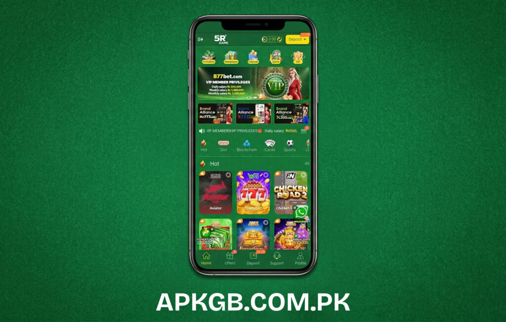 A colorful smartphone screen showing the 5R Game APK interface with Ludo and card game icons.