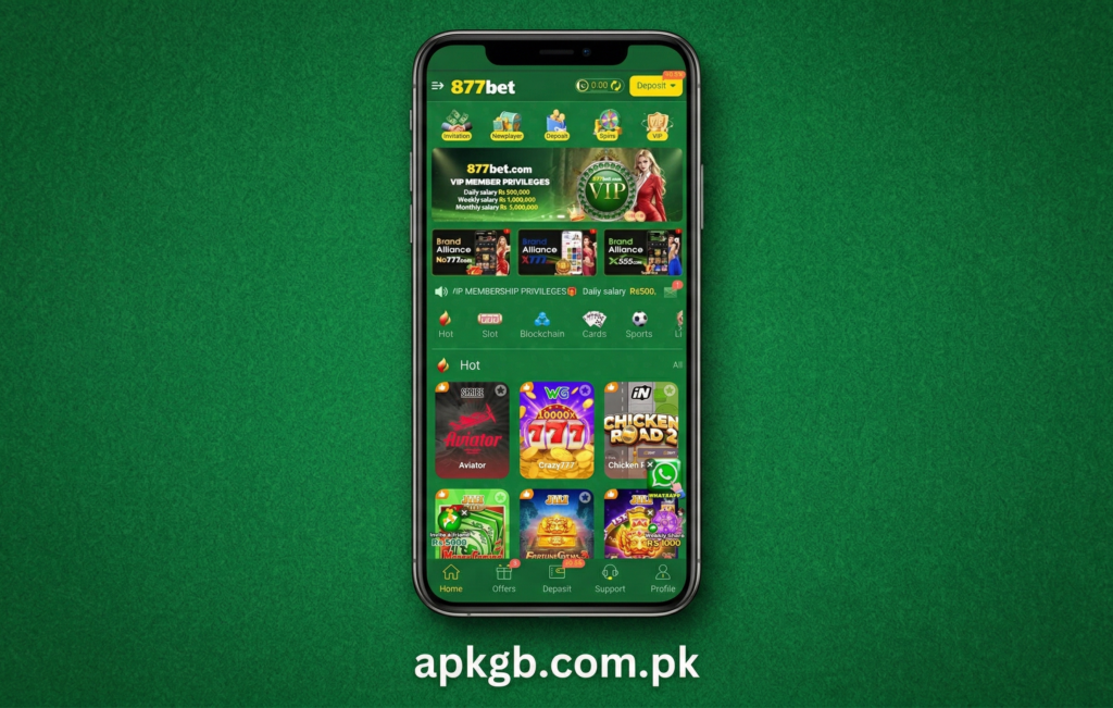 A 3D render of a smartphone displaying the 877bet app home screen against a green texture. The app shows various games and promotional banners. The website 'apkgb.com.pk' is displayed below the phone.