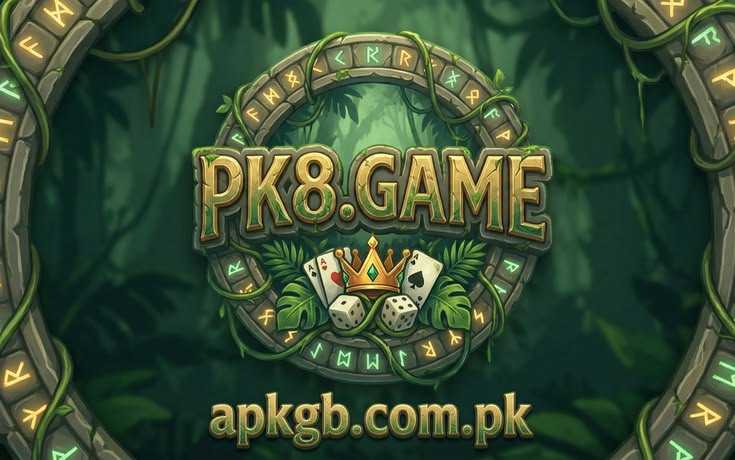 A complex, analytical image explaining the optimization details of a PK8.GAME featured image crest. The central image is a stone-etched jungle banner with the text PK8.GAME and integrated playing cards, crown, and dice. Surrounding this are several semantic text pointers with gold arrows: 'FEATURED APP TITLE' pointing to the main text; 'ALT TEXT OPTIMIZATION' pointing to the general layout and icons; 'PIN DESCRIPTION ELEMENTS' pointing to an optimized runic scroll; 'LINK TO APKB.COM.PK' pointing to the website URL text; and 'DETAILS' labeling the entire process. At the bottom left, there is a small map showing the Gilgit region and 'apkgb.com.pk' URL. The background is a soft, deep-green jungle with runic circles. The overall style is informative and high-detail.