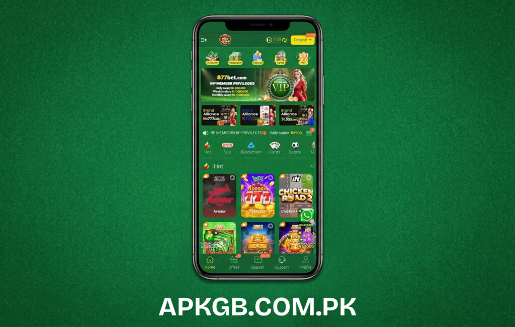 A smartphone showing the PKR656 Game APK home screen with icons for Teen Patti and Ludo.