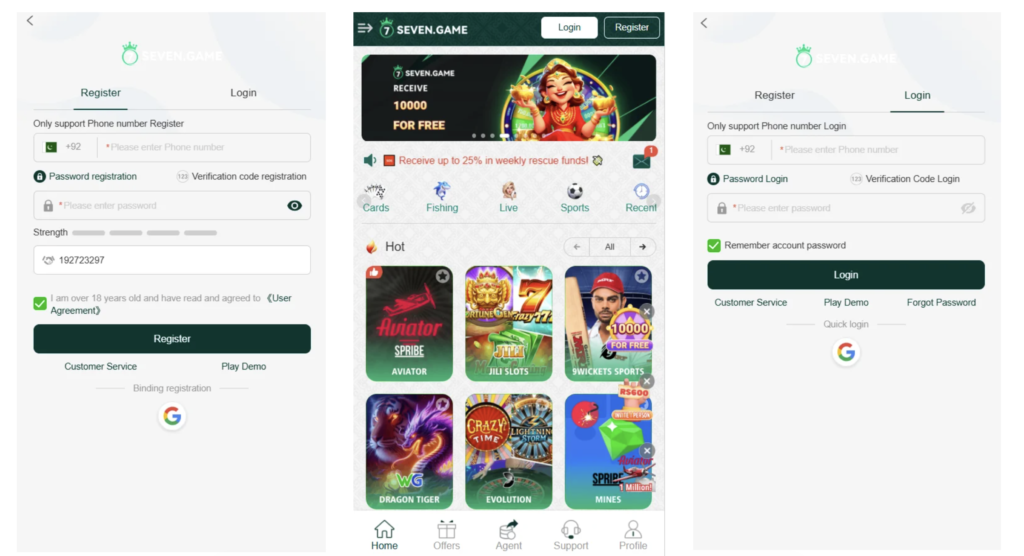 Seven Game APK interface showing casino games and real cash earning features on Android
