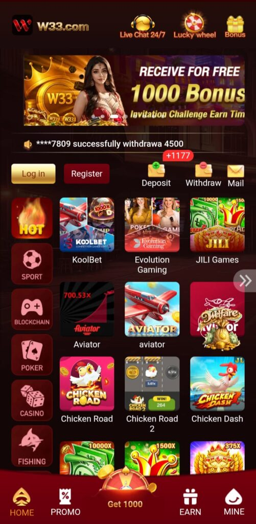 W33 Game APK showing real cash games, quick withdrawals, and smooth Android gameplay interface.