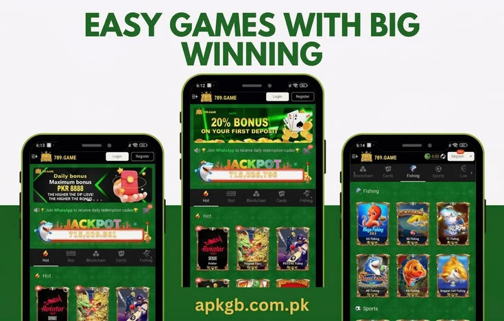 A professional promotional graphic with a white and green split background. At the top, bold green text reads "EASY GAMES WITH BIG WINNING." Three smartphones are displayed in a row, each showing different sections of the 789.GAME app interface, including the home screen, jackpot totals, and the fishing games category. At the bottom center, the website "apkgb.com.pk" is written in a clean gold font.