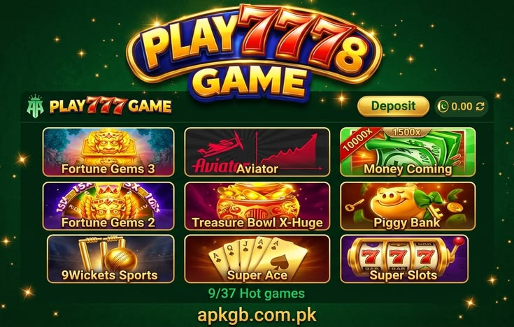 A vibrant featured image for a WordPress article. The top features a large, 3D gold and red "Play7778 Game" logo against a dark green background with glowing sparks. Below the logo, a dashboard displays a grid of game tiles like "Fortune Gems," "Aviator," "Money Coming," and "9Wickets Sports." In the bottom center, the website URL "apkgb.com.pk" is written in clean, gold typography.