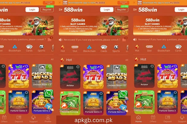 A mockup of a smartphone displaying the 588 Win app interface with a red and orange theme. The screen shows various game tiles like Aviator and Slot games, with the website apkgb.com.pk displayed at the bottom.