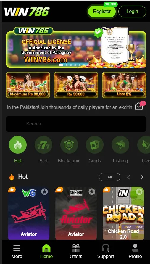 The Win 786 app dashboard showing various games like Dragon Tiger and the EasyPaisa withdrawal menu.