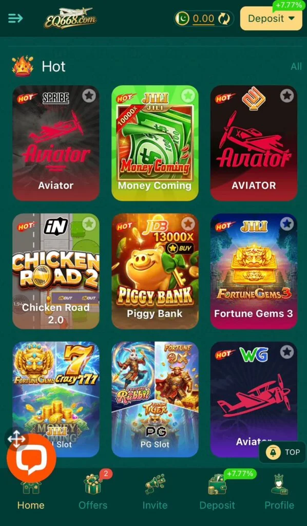 Smartphone displaying the EQ668 game dashboard with JazzCash and EasyPaisa payment options for Pakistani players.