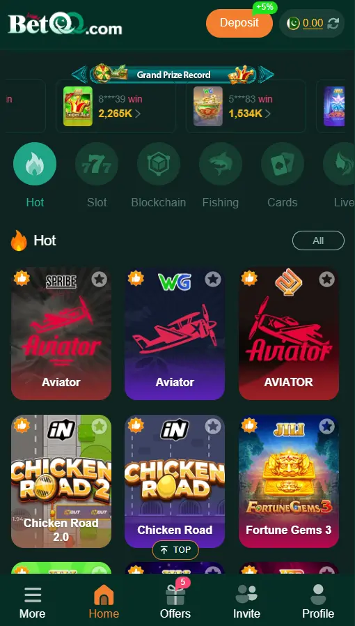 A vibrant smartphone screen showing the BetQQ Game dashboard with various card and slot games available for download.