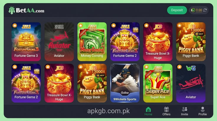 A featured image for a WordPress post showing the https://www.google.com/search?q=BetAA.com app interface. The screen displays a grid of colorful game tiles like "Aviator," "Fortune Gems 3," and "Piggy Bank" on a dark theme. The top bar shows the BetAA logo and a deposit button. At the bottom center, the text "apkgb.com.pk" is displayed in white over a dark background.