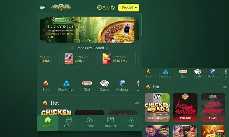 Pk8 Game APK interface showing real cash games and fast withdrawal features