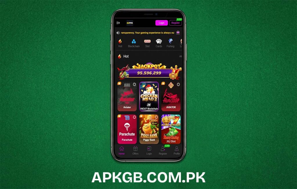 A high-quality 33Pak Game APK interface showing the home screen with JazzCash and EasyPaisa icons.