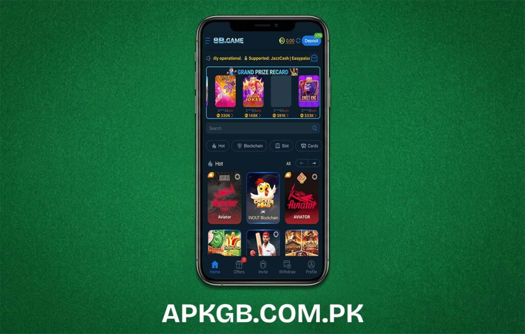 High-quality 8B Game APK interface showing real-money game modes and EasyPaisa deposit options for Android users.