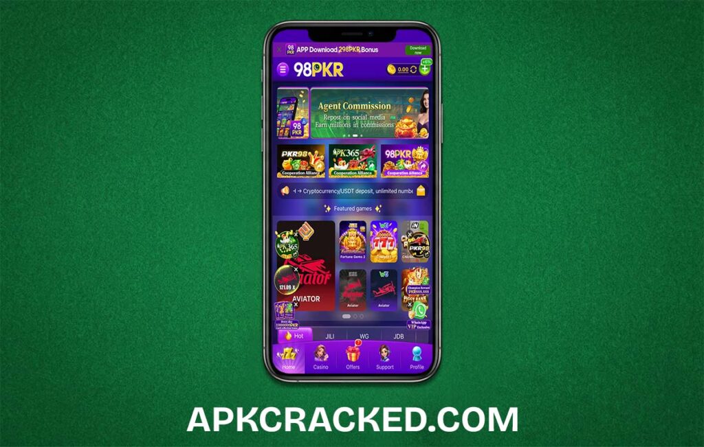 A digital screenshot of the 98Pkr Game dashboard showing various game icons like Ludo and Dragon Tiger with a gold reward banner.