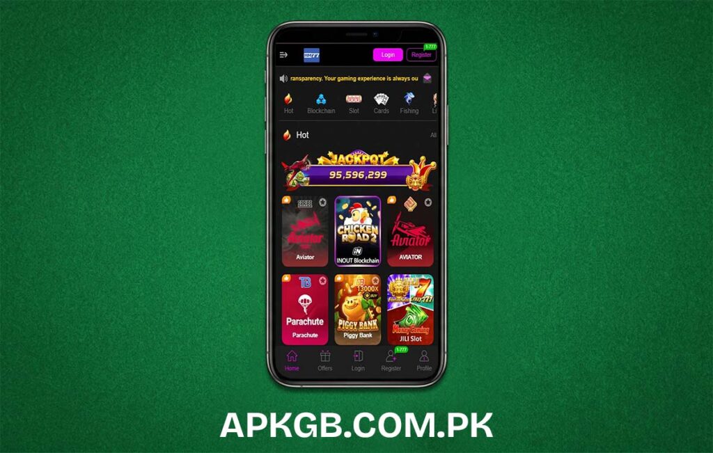 A person using a smartphone to play the HM77 Game APK featuring a colorful dashboard of various card and board games.
