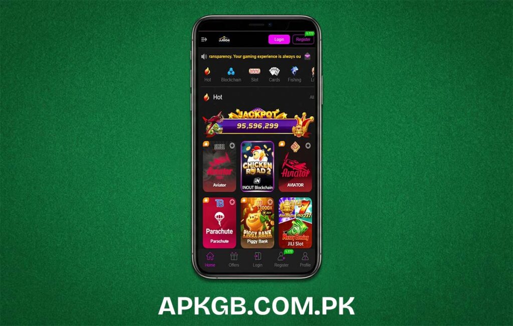 The official dashboard interface of the JJ804 Game mobile application showcases available card games and real-time wallet balances.