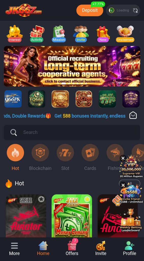 A smartphone screen showing the JK667 Game dashboard with JazzCash and EasyPaisa payment options displayed.