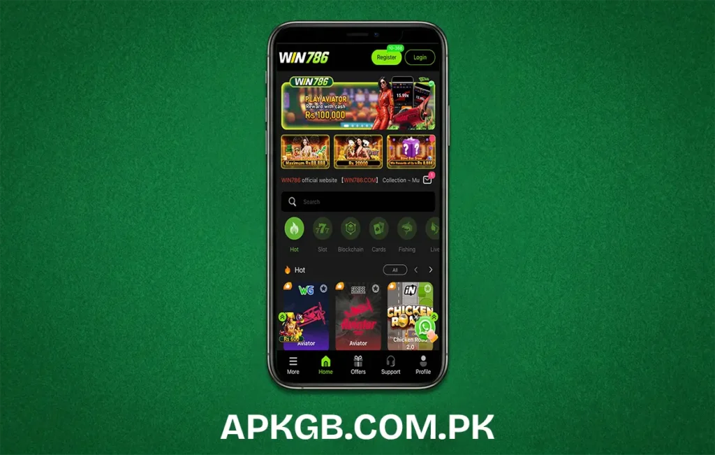 A vibrant preview of the Win786 Game app interface showing various card games and the easy withdrawal menu for Android users.