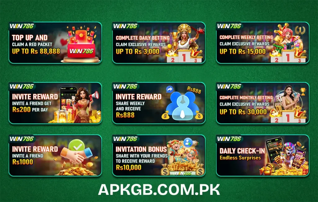 Promotional Images for WIN786 Game with various offers and bonus options for real earning Game app